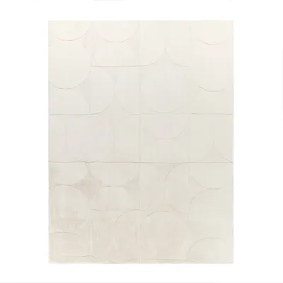 A flat lay of a rug with a geometric pattern of circles and semi-circles.
