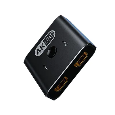 A black HDMI splitter switch with two HDMI ports and a button.