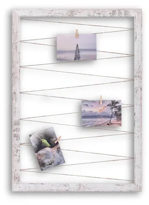 Produktbild von Fotohalter Pinnwand Fotorahmen (Hochformat) mit Juteband 20 Holzklammern Bilderrahmen inklusive CLAMARO Collage Flex, Flex Farbe:Vintage Weiß, Quer/Hochformat Größe:60x80cm (Hochformat)