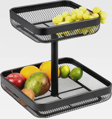 Produktbild von 2-stöckige eckige Obstetagere/Brotkorb, Etagere, Obstschale, Obstkorb aus Metall, viel Platz für die übersichtliche Lagerung von Obst, Gemüse, Brot und Snacks in Küche und Wohnzimmer (Schwarz)