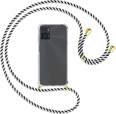 Produktbild von Handykette Backcover-Schutzhülle mit Band (Metall goldfarben) für Motorola Moto E22, Moto E22i 4G - schwarz/weiß gestreift
