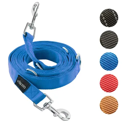 Produktbild von vitazoo Hundeleine - 3mx2,5cm - Nylon-Graphit Leine mit Karabinern für Kleine, Mittelgroße und Große Hunde - Verstellbare Führleine mit 4 Verschiedenen Längen in Blau für Ihren Hund