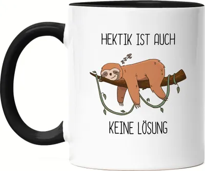 Produktbild von Hektik ist auch keine Lösung Tasse Schwarz Lustig Spruch Ironie Faultier Geschenk Bürokollegen