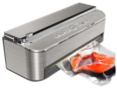 Immagine prodotto di Macchina per il sottovuoto per alimenti - Potenza di aspirazione 85 kPa - 120 W - Taglierina per pellicola integrata - Vano porta-rotoli + 2 rotoli - Per alimenti secchi e umidi - Senza BPA