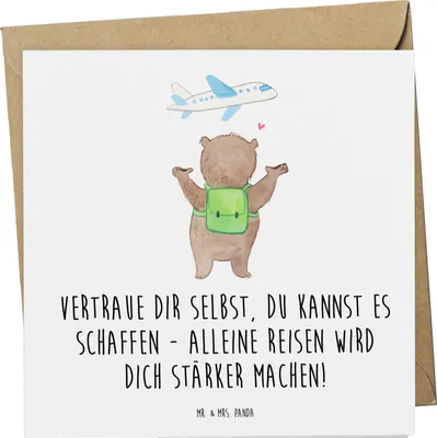 Produktbild von Mr. & Mrs. Panda Glückwunschkarte Alleine Reisen unternehmen - Weiß - Geschenk, neue Perspektiven, Grußkarte, Reise, anlasskarte, faltkarte, doppelkarte, Trost, Vertrauem