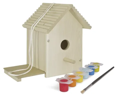 Produktbild von Holz-Vogelhaus zum Zusammenbauen und Bemalen, inklusive Pinsel und Farben, 14x14x24 cm