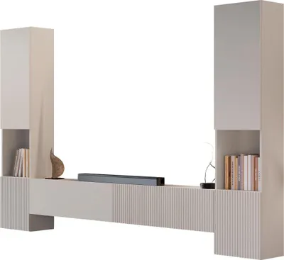 A modern living room wall unit with shelves and cabinets.