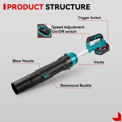Immagine prodotto di Ventilatore turbo elettrico - Soffiatore a batteria per foglie - Motore brushless - 8000 W - 400 m/s - Alta pressione - 1 batteria