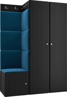 Produktbild von MIRJAN24 Garderoben-Set Orion Ryfel Slim XXIII, Kleiderschrank, Schuhschrank, Kleiderhakenbrett, 7x Paneel 42x42, 8 Kleiderhaken, Metallgriffe (Farbe: Schwarz, Manila 26)