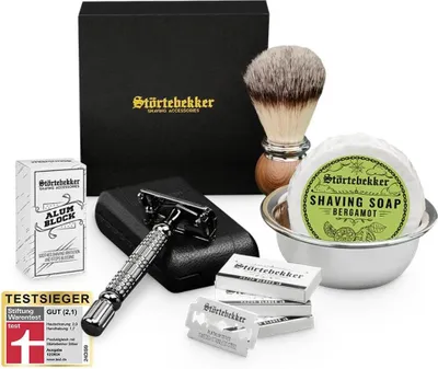 Produktbild von Rasierset - Rasierhobel 'Hamburg' Schwarz – Lederetui Schwarz - Bergamotte