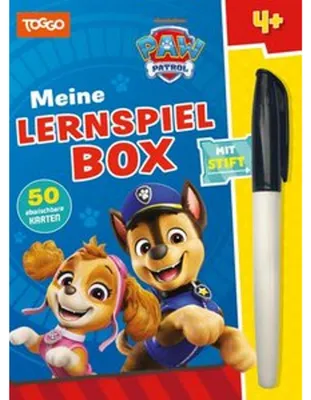 Produktbild von PAW Patrol Lernspielbox für Vorschulkinder ab 4 Jahren mit 50 abwischbaren Karten und Stift, Schwungübungen, Rätseln & Aufgaben