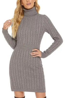 Zdjęcie produktu dla Elegancka, dzianinowa sukienka damska, casual, długie rękawy, golf, zimowa, szara, rozmiar M