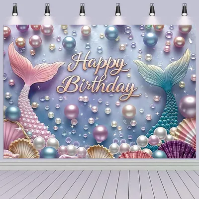 Productafbeelding van Fotografieachtergrond met zeemeerminstaart, 2,2 x 1,5 meter, met parelschelpen, geschikt voor een verjaardagsfeest