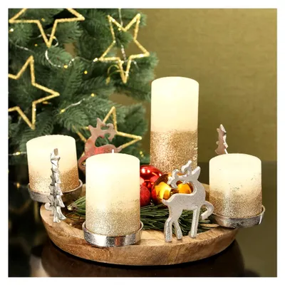 Produktbild von Adventskranz Rentier Tannenbaum | Mangoholz Aluminium 34x13x34 cm | Adventsleuchter für 4 Stumpenkerzen Ø 6,5 cm