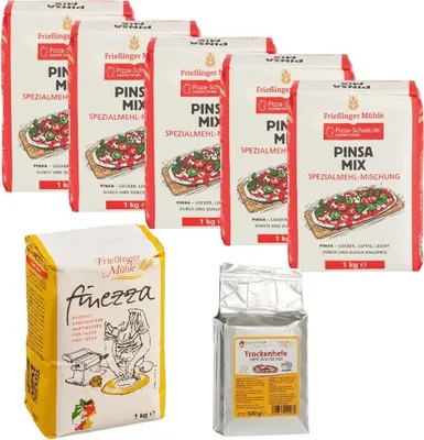 Produktbild von Frießinger Mühle Pizzamehl SET | 5x Pinsa Mix 1 kg, 1x Semola Finezza 1 kg & 1x Trockenhefe 500 g ideal für luftige Pinsa in Profi-Qualität als Hobby Bäcker in der Küche