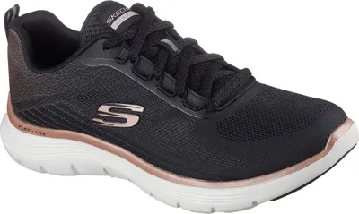 A single black Skechers shoe with rose gold accents is shown against a white background.