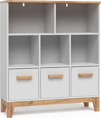 A white and wood-grain finish bookshelf with three drawers on the bottom and six open shelves above.
