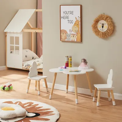 Produktbild von Kindersitzgruppe 'Epim' Tisch und 2 Stühle mit Wolkendesign Kiefernholz + MDF Weiß