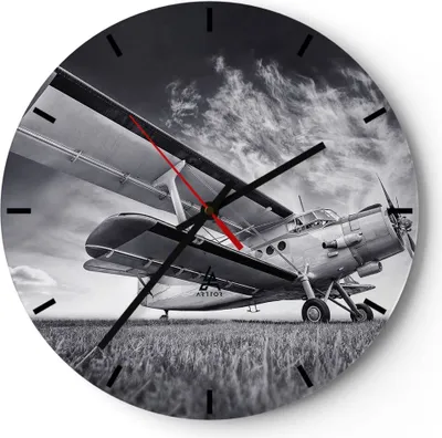 Produktbild von Wanduhr - Rund - Glasuhr - Flugzeug An-2 Schwarzweiß - 30x30cm - Schleichendes Uhrwerk - Lautlos - zum Aufhängen bereit - Dekoration Modern - Wanddekoration aus Glas - C3AR30x30-4363