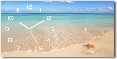 Produktbild von Wanduhr aus Glas – 60x30 cm - Glasbild - Glasuhr - Gehärtetes Glas - weisse-zeiger - Seesterne am Strand