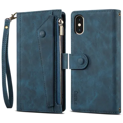 Obrázek produktu pro Ochranné pouzdro pro iPhone XS Max, kožené pouzdro na zip, skládací peněženka s přihrádkou na karty, stojánek a poutko modré