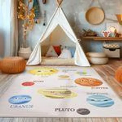 Produktbild von Kinderzimmer Teppich Spielmotiven Design Kinderteppich  Babyzimmer Teppiche Spielteppich für Jungen und Mädchen Teppich, Beige Größe: 120 x 170 cm