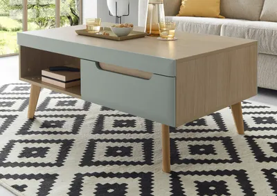 Produktbild von Couchtisch "Isgard" in Pistazie matt und Scandi Eiche Beistelltisch 107 x 67 cm