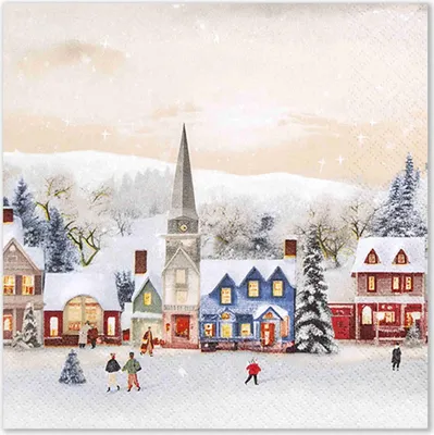 Serviettenmotiv Winterliches Dorf mit verschneiten Häusern Kirche und spielenden Kindern auf einem Platz vor sanftem Abendhimmel