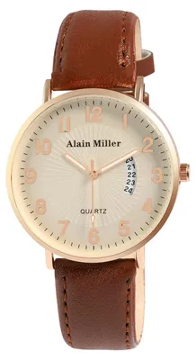 Image de Montre pour homme, bracelet imitation cuir, couleur dorée, affichage de la date