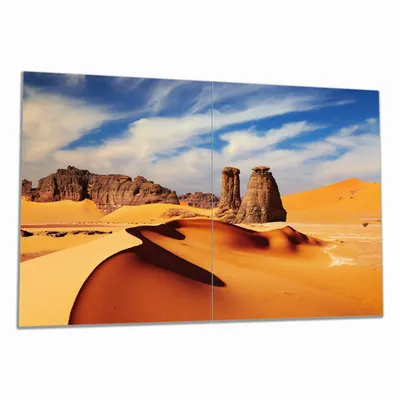 Produktbild von Wallario Herdabdeckplatte aus Glas, Größe 80 x 52 cm 2-teilig, Motiv Felsen und Sand in der Sahara Wüste