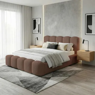 Image de Lit rembourré BESILIO 180x200 Bouclé Milly – Lit avec coffre de rangement et sommier à lattes, lit moderne avec espace de rangement en mousse épaisse – Marron