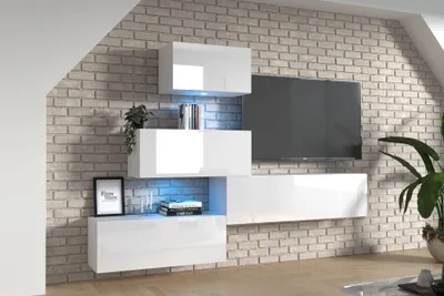 Immagine prodotto di Furnitech Parete attrezzata soggiorno - Mobili da soggiorno con LED RGB - 16 colori - Parete attrezzata moderna - Scaffali e mobile TV (EX14-21W-HG2)