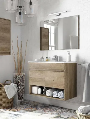 Immagine prodotto di Dmora Mobile Sottolavabo Enio 64x80x45h cm Marrone Quercia, Specchio Incluso Apertura Battente