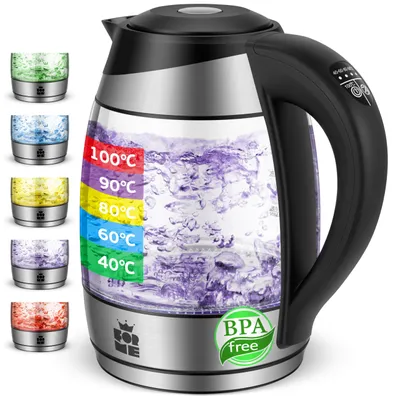 Glas-Wasserkocher 1,8 l, 5 Farben, Temperaturwahl 40–100 °C
