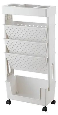 Image de Chariot de rangement pour livres à 5 niveaux - Étagère mobile pour livres - Chariot de rangement amovible - Rangement multifonctionnel - Portable avec roues - Plastique blanc de haute qualité