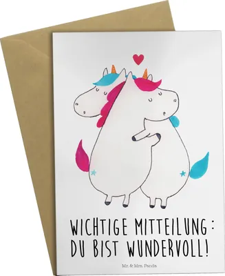 Produktbild von Mr. & Mrs. Panda Klappkarte Einhorn Mitteilung - Weiß - Geschenk, hochzeitskarten, osterkarten, genesungskarte, osterkarte, Einhörner, Ehe, Unicorn, weihnachtskarten