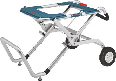 Produktbild von Bosch Transport- und Arbeitstisch GTA 60 W, Stahl, blau/silber, mit Rollen, Traglast 180 kg, Arbeitsfläche 1220x740 mm, höhenverstellbar 510-622 mm, Klappmaß 1220x740x510 mm, kompatibel mit Bosch Professional Tischkreissägen