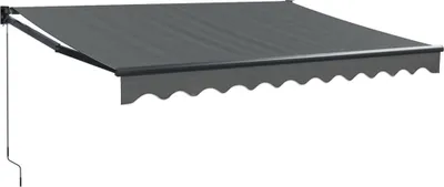 A grey retractable awning is shown against a white background.