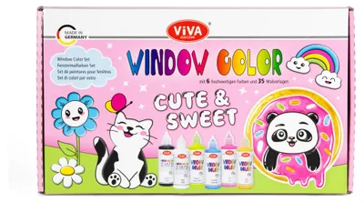 Productafbeelding van Viva Decor Window Color Set "Cute & Sweet", een set raamverf bestaande uit 6 tubes van 80 ml, met twee contouren: zwart en wit, een sjabloonfolie en 35 motieven