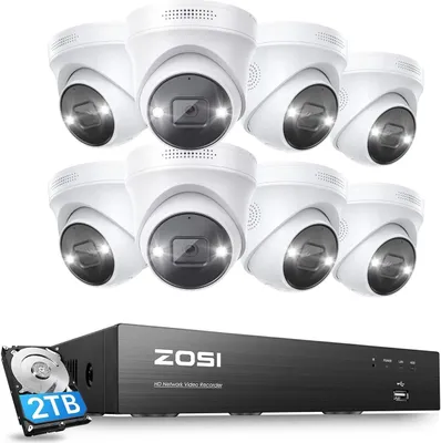 Produktbild von ZOSI 4K Überwachungskamera Set, 8X 8MP PoE IP Dome Kamera Überwachung Aussen mit 8CH NVR 2TB HDD, 2-Wege Audio, KI Personenerkennung, Farbnachtsicht, 24/7 Videoüberwachung, C225