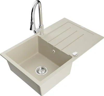 Image de Mexen Bruno Évier en granit 1 bac avec égouttoir et mélangeur Elia, Beige - 6513-69-670101-00