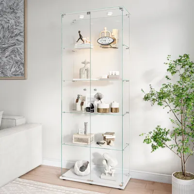 Produktbild von ProximaX Glasvitrine mit LED-Beleuchtung, 5 Ebenen, Doppeltür, Weißer Sockel, Vitrine zur Präsentation von Sammlerstücken, Dekorationen und Figuren, Modernes Glasregal für Wohnzimmer, Schlafzimmer und Büro