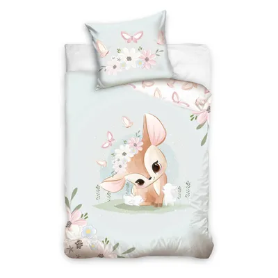 Produktbild von Kinderbettwäsche Blumen Reh, Hase & Schmetterling 135x200 + 80x80 cm, 100 % Baumwolle
