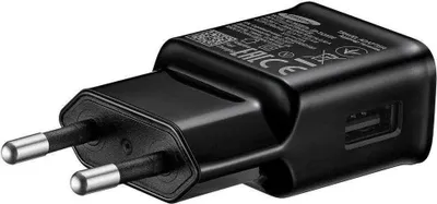 A black Samsung USB-A fast charge power adapter with European plug prongs.