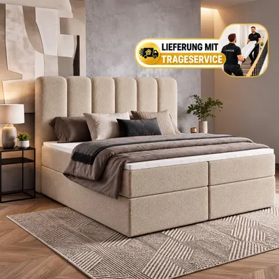Produktbild von Boxspringbett NOLARO 160x200 cm Komplett-Set mit Bettkasten, Bonell-Matratze und Topper, Bouclé Beige