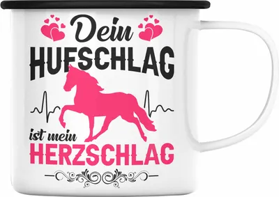 Produktbild von Trendation - Reiterin Emaille Tasse - Dein Hufschlag ist mein Herzschlag - Pferde Emaille Tasse Emaille Emaille Tasse Mädchen Geschenk Pferdeliebhaber Sprüche Reiten (Schwarz)