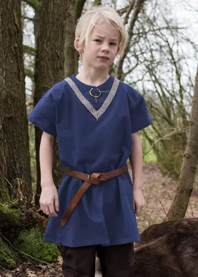Immagine prodotto di Tunica medievale per bambini Ailrik con bordo, maniche corte, blu - Cotone - Camicia vichinga per bambini e bambine - Taglia medievale: 146