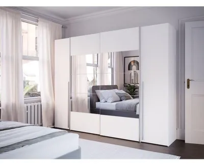 Image de ARMOIRE NARAGO, blanc mat, 270x61x210 cm, 4 portes : 2 portes coulissantes avec miroir + 2 portes battantes, espace de rangement avec 2 penderies et étagères