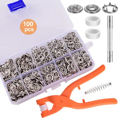 Produktbild von 100-teiliges Druckknopf-Set, inkl. Klauenschnallen-Werkzeugsatz und Zange, Druckknöpfe aus Edelstahl zum Nähen und Basteln.