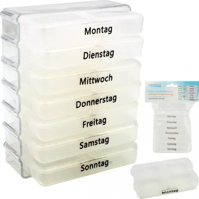 Produktbild von Pillenbox  Pillendose Tablettenbox Tablettendose Pillenturm Medikamentenbox Aufbewahrung 7 Tage 4 Fächer transparent